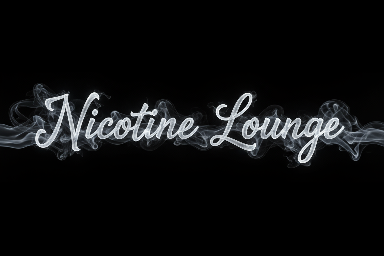 Create a banner image on a black background made out of smoke that says "Nicotine Lounge"