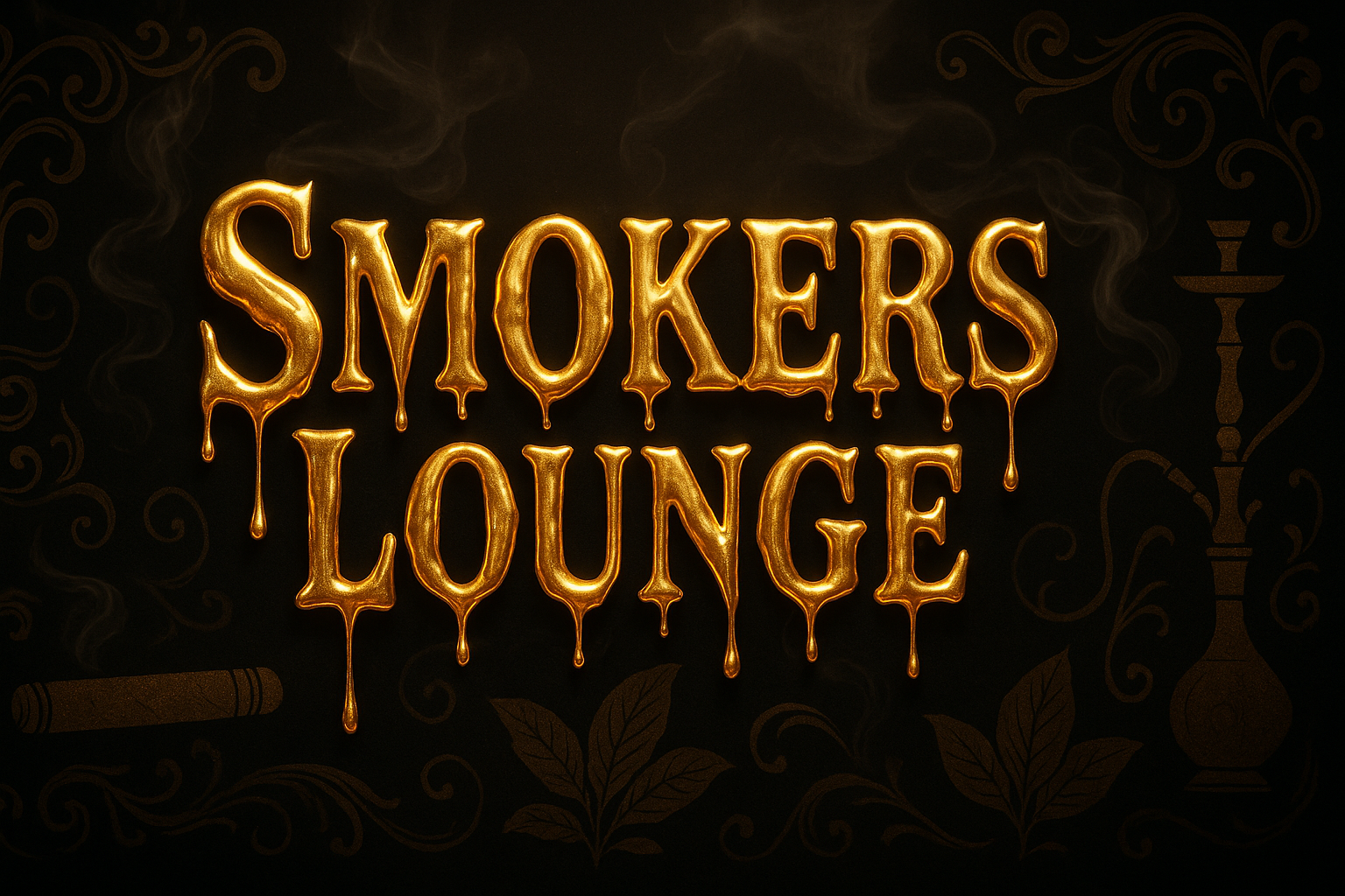 Create a banner image with black backround and golden dripping text in the middle of the image that says "Smokers Lounge". It should be inviting, creative, and include smoking lounge themed patterns