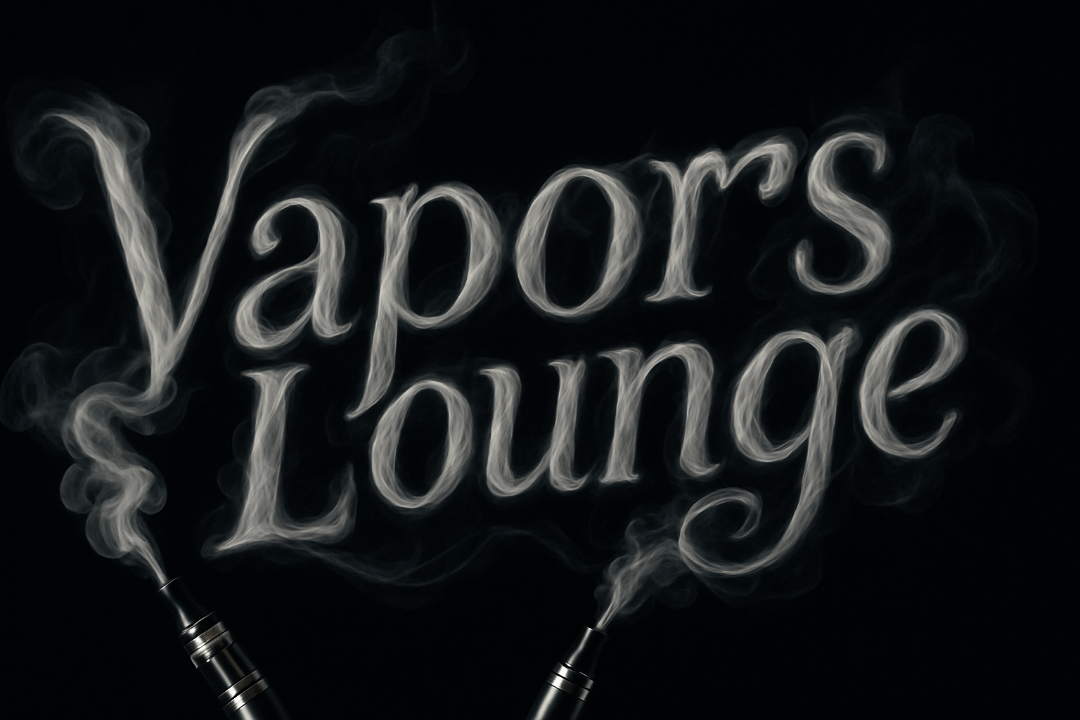 Generate a landscape banner image with a black background and "Vapors Lounge" written across it, created by smoke that forms those words. It's meant to represent vapor clouds coming from vaping devices, so please tie it to that theme.